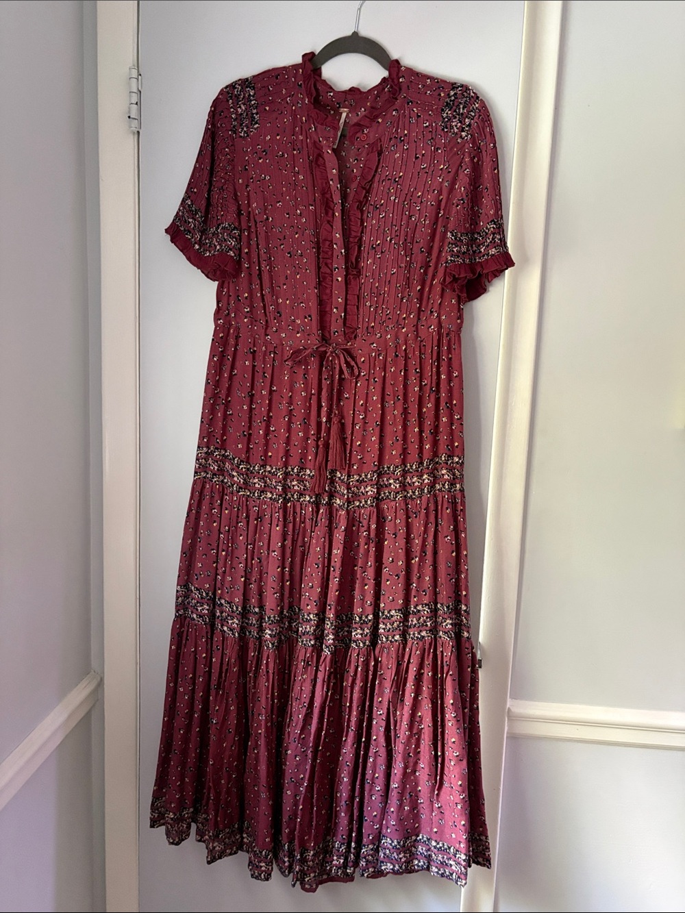 Free People Wine-Red Floral Boho Tiered Maxi Dress